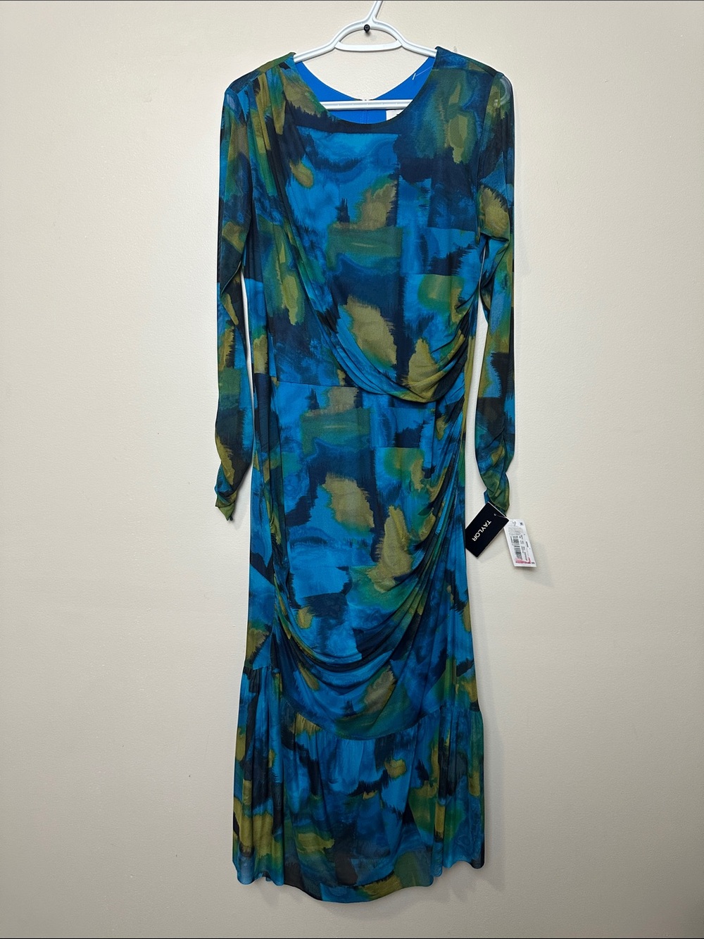 Taylor Blue & Green Abstract Long-Sleeve Midi Dress